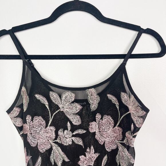 Express Womens XS Black Floral Embroidered Sheer Bodysuit Tank Top Scoop Thong - Picture 3 of 11
